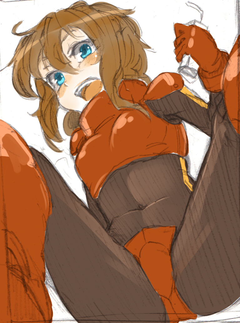 1girl blue_eyes blush bodysuit brown_hair commentary_request covered_navel gloves graphite_(medium) gundam gundam_zz konnyaku_(kk-monmon) looking_at_viewer medium_hair open_mouth pilot_suit puru_two sidelocks simple_background solo traditional_media