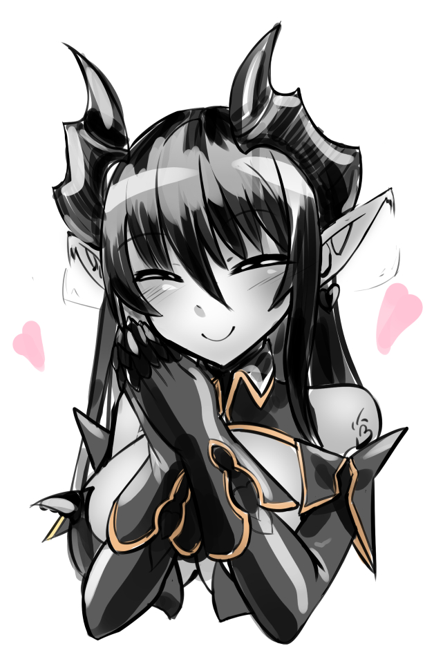 1girl bare_shoulders blush breasts closed_eyes cowfee demon_(monster_girl_encyclopedia) demon_girl demon_horns ear_wiggle elbow_gloves eyebrows_visible_through_hair gloves hair_between_eyes hands_together happy heart horns long_hair monster_girl monster_girl_encyclopedia pointy_ears simple_background sketch smile solo upper_body white_background