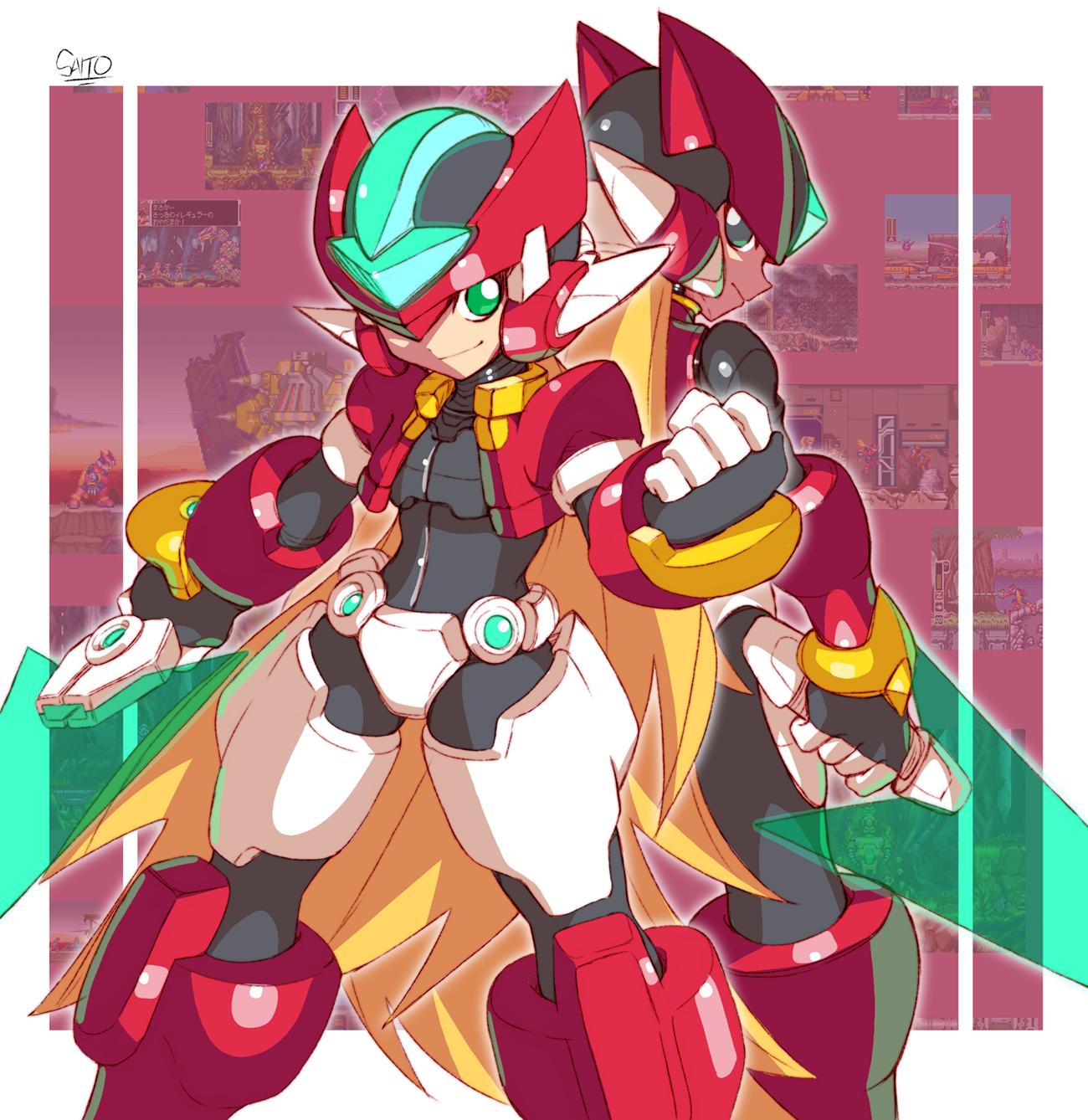 aile android back-to-back black_eyes blonde_hair clenched_hand cropped_jacket energy_blade energy_sword english_commentary green_eyes helmet highres holding holding_weapon long_hair model_zx power_armor rockman rockman_zero rockman_zx shoutaro_saito signature smile standing sword vent weapon zero_(rockman)