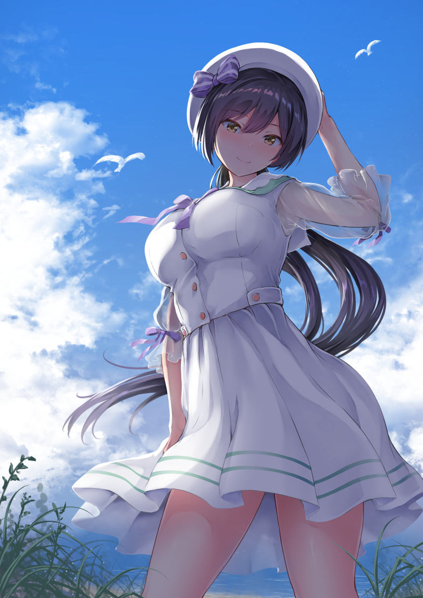 1girl beach black_hair blush bow breasts closed_mouth day dress grass hair_bow hand_on_headwear hat highres idolmaster idolmaster_shiny_colors large_breasts long_dress long_hair looking_at_viewer looking_down ocean oonaka_ito outdoors ponytail sailor_collar sailor_dress sailor_hat see-through_sleeves shirase_sakuya smile solo very_long_hair white_dress white_headwear yellow_eyes