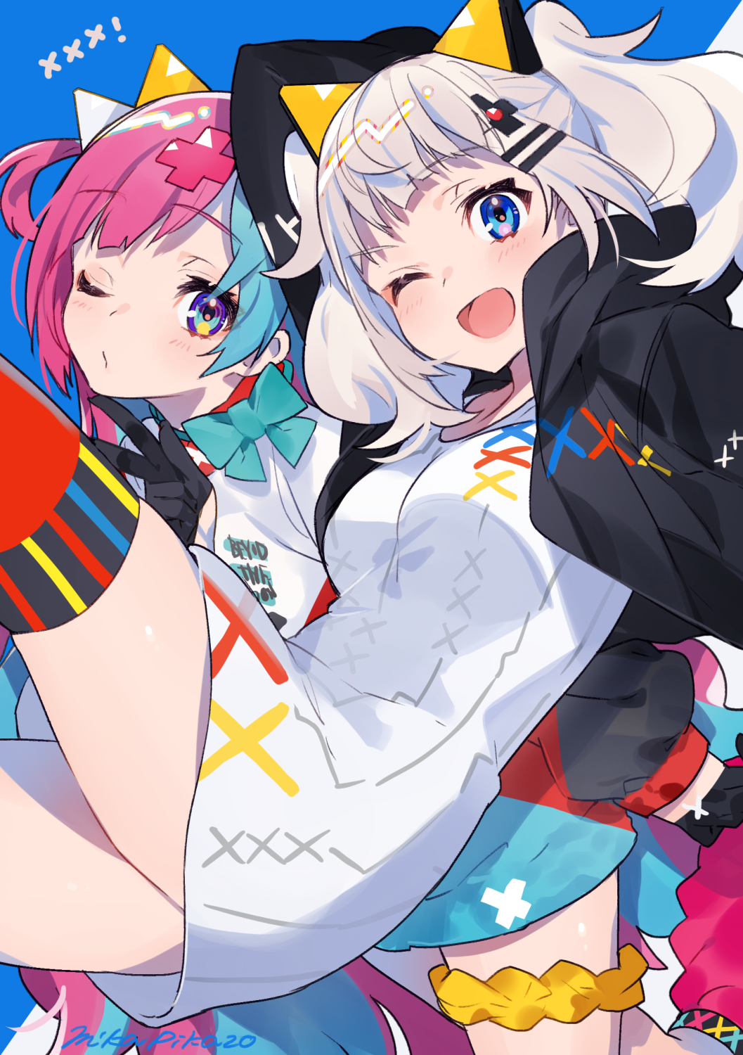 2girls ;d arm_up artist_name bangs black_gloves black_jacket blue_bow blue_eyes blue_hair blunt_bangs blush bow breasts clothes_writing d-pad d-pad_hair_ornament dress gloves hair_ornament hairclip highres jacket kaguya_luna leg_warmers long_sleeves looking_at_viewer medium_breasts medium_hair mika_pikazo multicolored_hair multiple_girls one_eye_closed open_clothes open_jacket open_mouth pink_hair pinky_pop_hepburn red_legwear short_dress signature silver_hair smile tareme the_moon_studio thigh-highs thigh_scrunchie thighs twintails two-tone_background two-tone_hair two_side_up v white_dress