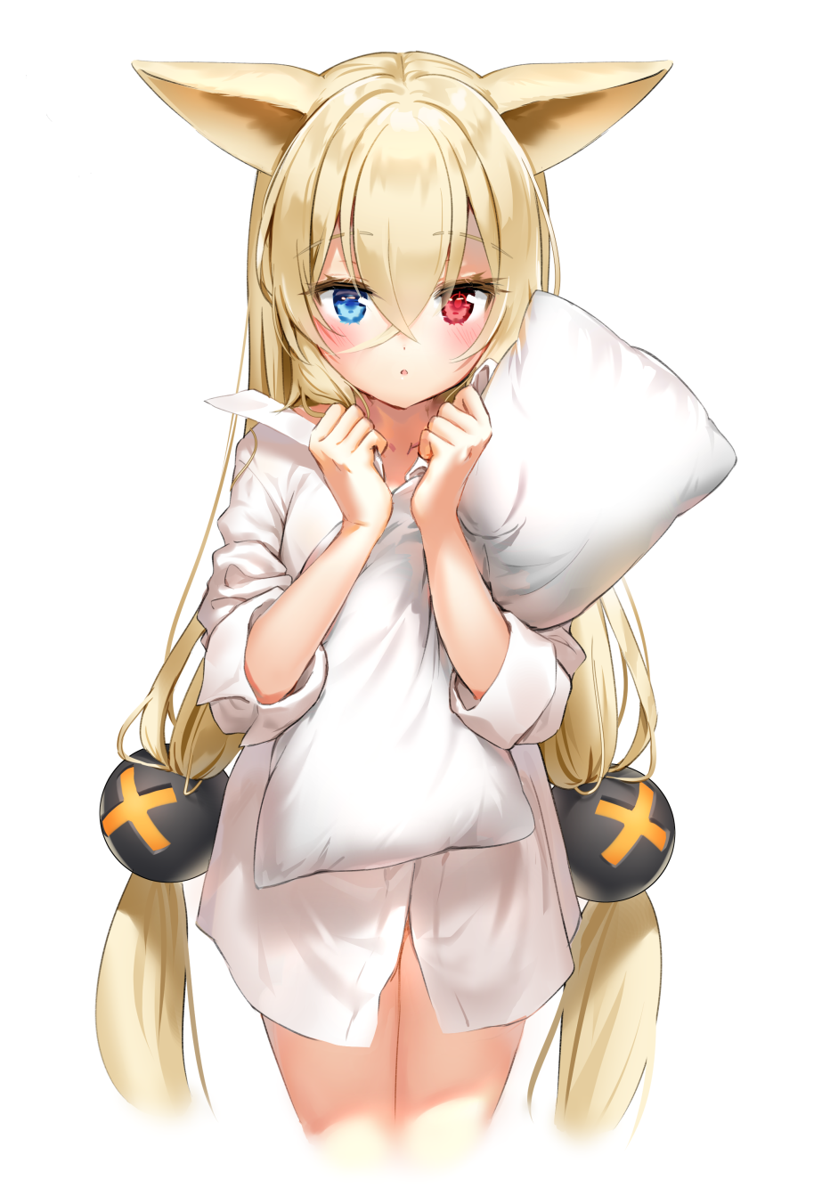 1girl :o alternate_costume animal_ears bangs blonde_hair blue_eyes blush cat_ears collarbone collared_shirt commentary cropped_legs dress_shirt eyebrows_visible_through_hair g41_(girls_frontline) girls_frontline hair_between_eyes hair_ornament hands_up heterochromia highres long_hair long_sleeves looking_at_viewer low-tied_long_hair low_twintails marmoset_(marmoset0) no_pants parted_lips pillow pillow_hug red_eyes shirt simple_background solo twintails very_long_hair white_background white_shirt