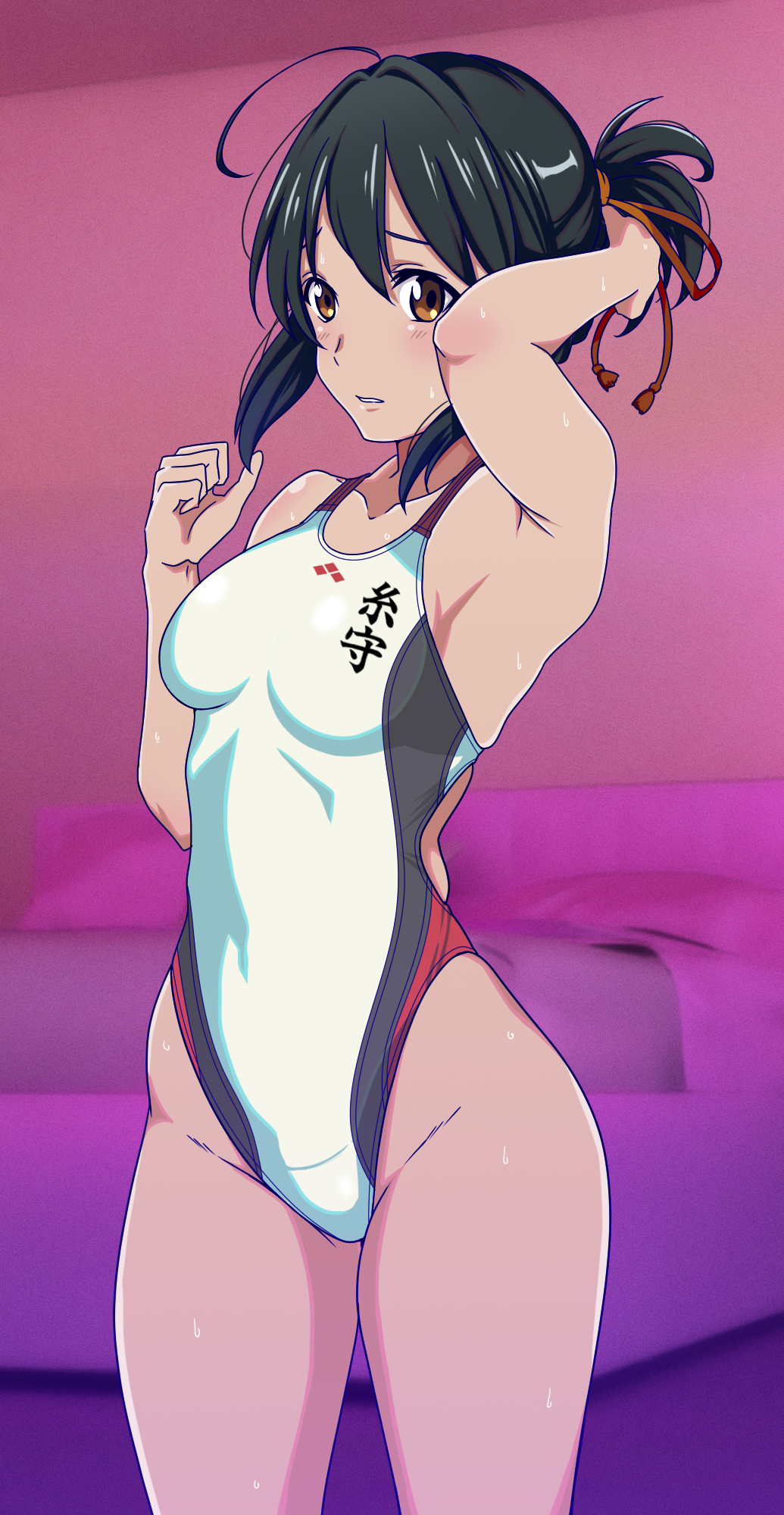 1girl ahoge aiuchi bed black_hair breasts brown_eyes clothes_writing commentary_request competition_swimsuit cowboy_shot hair_ribbon highleg highleg_swimsuit highres indoors kimi_no_na_wa. logo miyamizu_mitsuha one-piece_swimsuit ponytail red_ribbon ribbon short_hair short_ponytail small_breasts solo standing swimsuit thigh_gap white_swimsuit