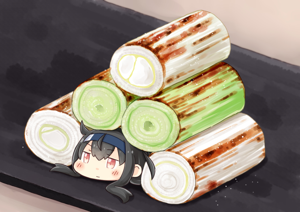 1girl bangs black_hair blush chibi closed_mouth commentary_request eyebrows_visible_through_hair food food_on_body hatsushimo_(kantai_collection) headband hinata_yuu kantai_collection long_hair lying on_stomach plate red_eyes sidelocks simple_background solo spring_onion