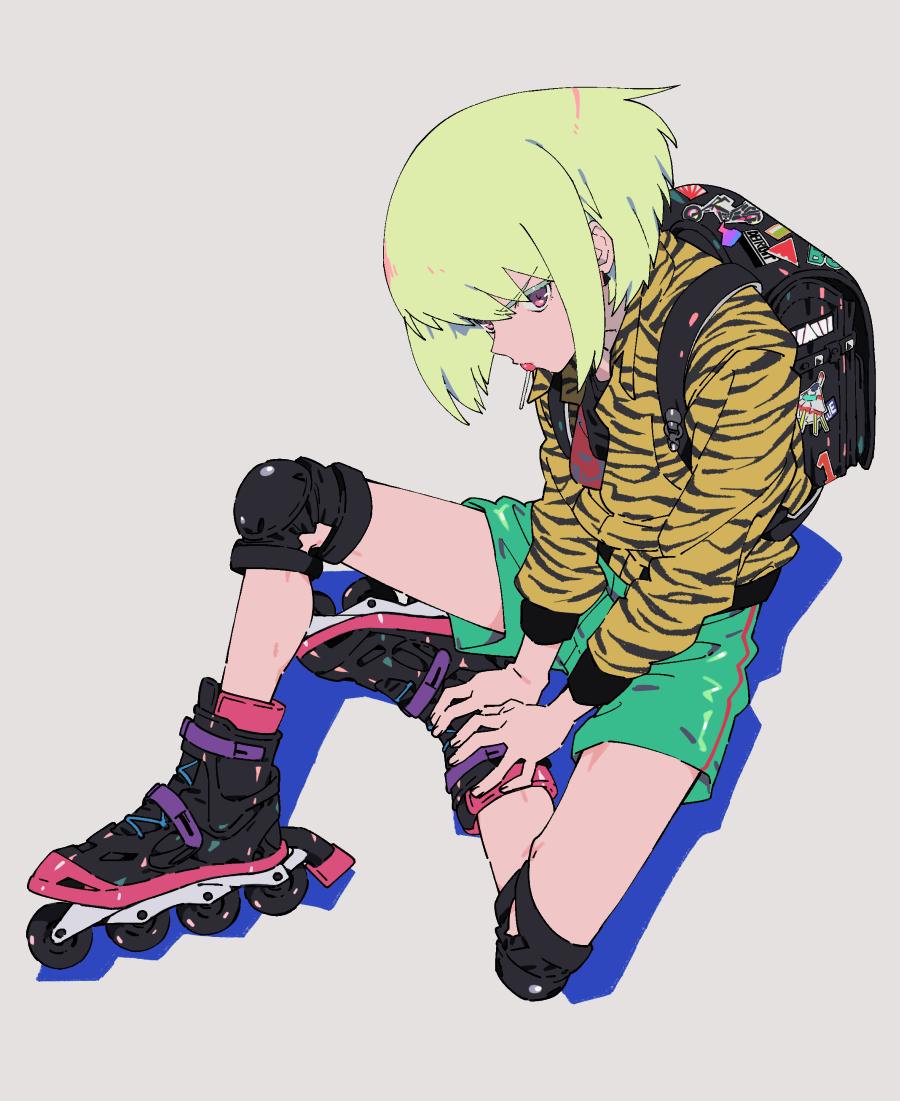1boy bag blonde_hair earrings green_hair jacket jewelry knee_pads lio_fotia looking_at_viewer male_focus promare roller_skates shirikon short_hair shorts simple_background skates solo tongue tongue_out violet_eyes