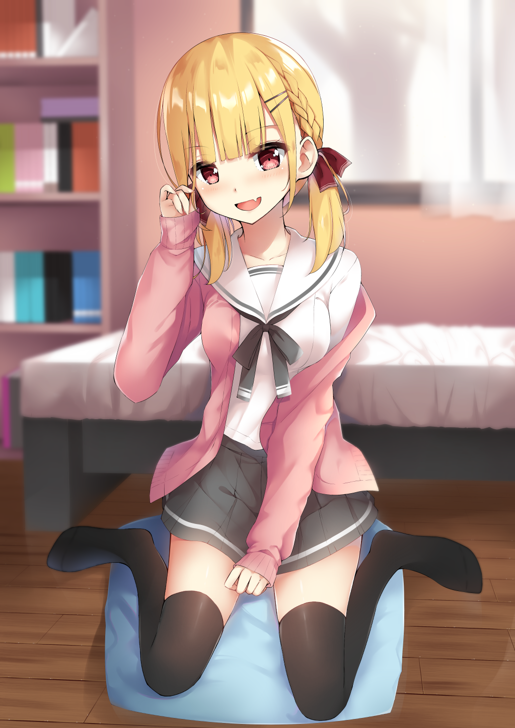 1girl :d bangs bed black_legwear blonde_hair blunt_bangs blurry blurry_background blush book bookshelf bow braid breasts cardigan curtains cushion depth_of_field eyebrows_visible_through_hair fang full_body grey_bow grey_skirt hair_ornament hair_ribbon hairclip hand_up highres indoors kanz long_sleeves looking_at_viewer low_twintails medium_breasts no_shoes off_shoulder open_cardigan open_clothes open_mouth original pink_cardigan pleated_skirt red_eyes red_ribbon ribbon sailor_collar school_uniform serafuku shirt short_twintails sitting skirt sleeves_past_wrists smile solo thigh-highs twintails wariza white_sailor_collar white_shirt window wooden_floor zabuton