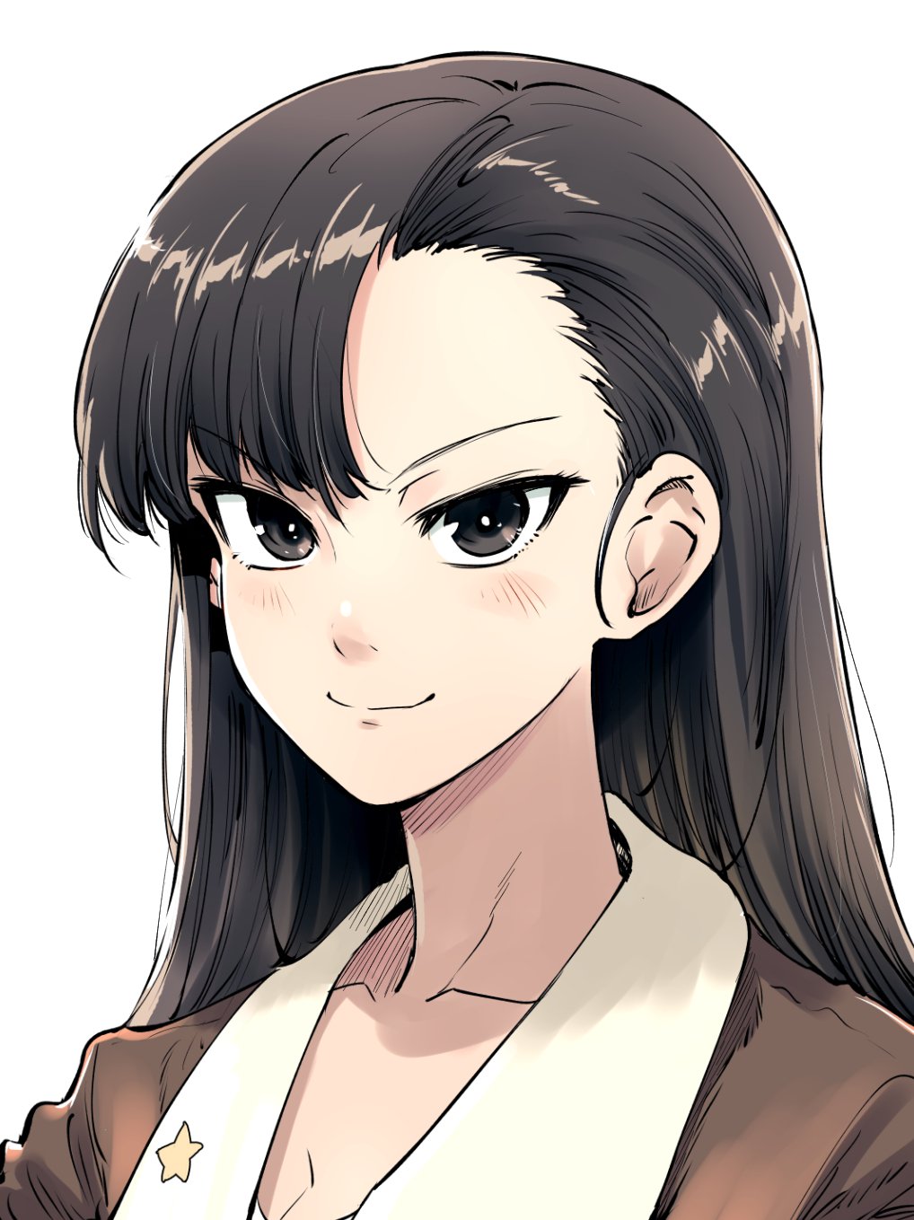 1girl asymmetrical_bangs bangs black_eyes black_hair bonkara_(sokuseki_maou) brown_jacket chi-hatan_military_uniform closed_mouth commentary girls_und_panzer highres jacket light_blush long_hair looking_at_viewer military military_uniform nishi_kinuyo portrait simple_background smile solo star uniform white_background