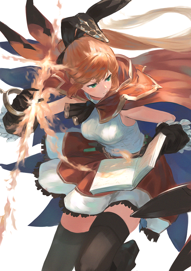 1girl animal_ears bangs black_gloves black_legwear black_ribbon blush book breasts brown_cape brown_hair brown_skirt cape clarisse_(granblue_fantasy) closed_mouth commentary_request fake_animal_ears frilled_gloves frills gloves granblue_fantasy green_eyes holding holding_book long_hair looking_away looking_to_the_side medium_breasts open_book pleated_skirt ponytail rabbit_ears ribbon shirt simple_background skirt sleeveless sleeveless_shirt solo standing standing_on_one_leg very_long_hair wasabi60 white_background white_shirt