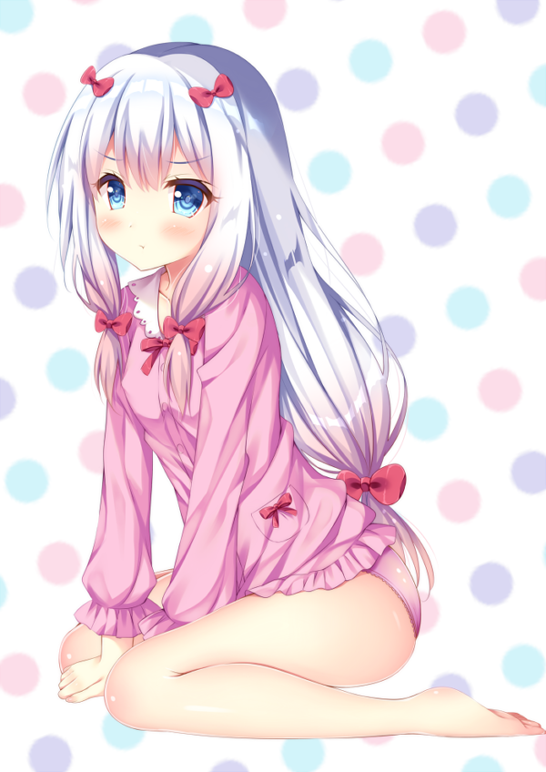 1girl bangs bare_legs barefoot between_legs blue_eyes blush bow closed_mouth commentary_request eromanga_sensei eyebrows_visible_through_hair full_body hair_between_eyes hair_bow hand_between_legs izumi_sagiri long_hair long_sleeves low-tied_long_hair multicolored multicolored_polka_dots panties pink_panties pink_shirt polka_dot polka_dot_background red_bow shirt sidelocks silver_hair sitting solo suzukawa_yui underwear v-shaped_eyebrows very_long_hair wariza white_background