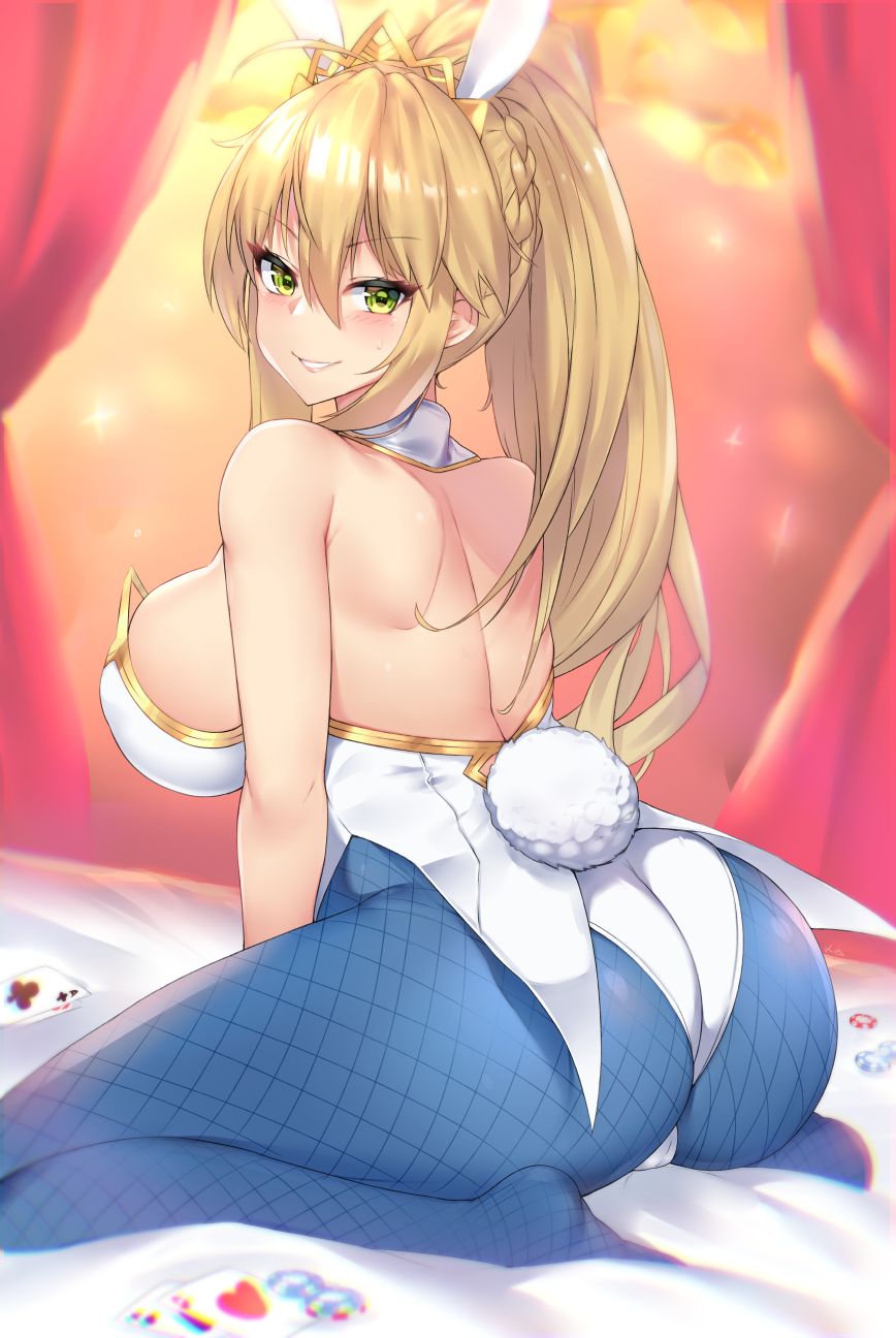 1girl animal_ears artoria_pendragon_(all) artoria_pendragon_(swimsuit_ruler)_(fate) ass back bare_shoulders blonde_hair blue_legwear blush braid breasts bunny_tail bunnysuit detached_collar fate/grand_order fate_(series) fishnet_pantyhose fishnets french_braid green_eyes hair_between_eyes highres kuavera large_breasts leotard long_hair looking_at_viewer looking_back pantyhose playing_games poker_chip ponytail rabbit_ears sidelocks sitting smile solo tail thighs tiara wariza white_leotard