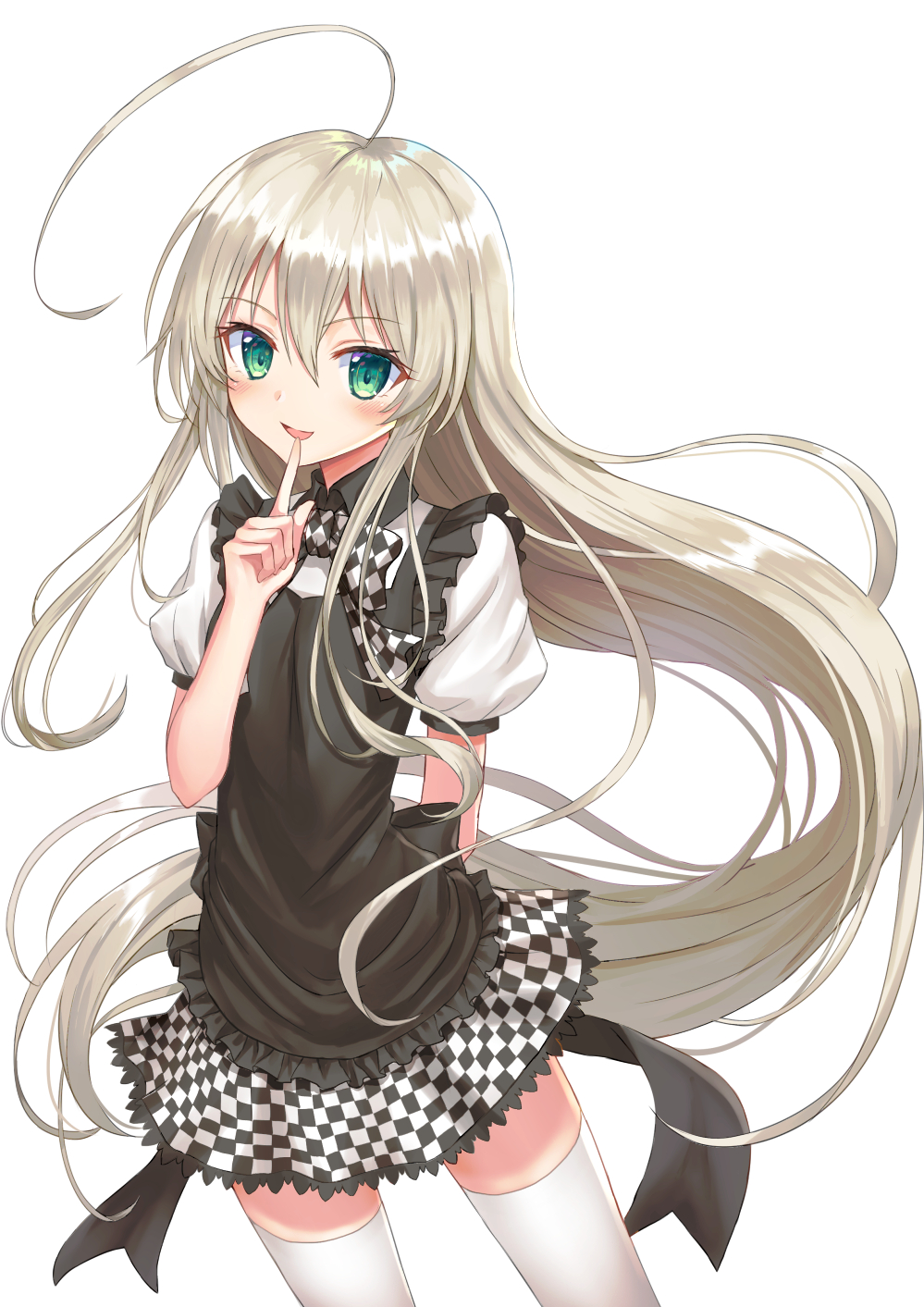 1girl ahoge apron bangs black_apron blush bow checkered checkered_bow checkered_skirt collared_shirt commentary_request eyebrows_visible_through_hair frilled_apron frills green_eyes hair_between_eyes haiyore!_nyaruko-san hand_up highres index_finger_raised long_hair looking_at_viewer nyarlathotep_(nyaruko-san) parted_lips puffy_sleeves seungju_lee shirt sidelocks silver_hair simple_background skirt smile solo sweat thigh-highs very_long_hair white_background white_legwear white_shirt