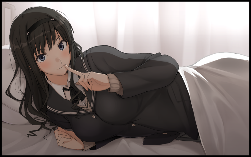 1girl amagami bangs bed black_hair black_jacket black_ribbon blazer blue_eyes blush breasts closed_mouth collared_shirt curly_hair curtains eyebrows_visible_through_hair finger_to_mouth hair_between_eyes hairband index_finger_raised jacket kibito_high_school_uniform large_breasts long_hair long_sleeves looking_at_viewer mobu morishima_haruka neck_ribbon ribbon school_uniform shirt shushing smile solo sweater sweater_vest vest white_shirt