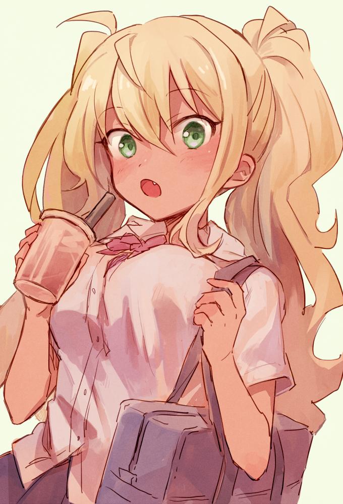 1girl :o ahoge bag black_bag blonde_hair blue_skirt blush bow bowtie breasts collared_shirt commentary cup danberu_nan_kiro_moteru? disposable_cup dogakobo drinking_straw eyebrows_visible_through_hair fang green_background green_eyes holding holding_cup holding_strap long_hair looking_at_viewer moe open_mouth pleated_skirt red_bow red_neckwear sakura_hibiki_(danberu_nan_kiro_moteru?) school_bag school_uniform shirt shogakukan short_sleeves skirt solo soto tan twintails white_shirt