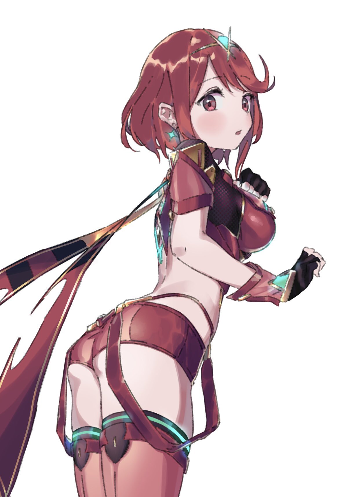 1girl ass blush breasts epi_zero fingerless_gloves gloves highres pyra_(xenoblade) medium_breasts open_mouth red_eyes red_shorts redhead short_hair short_shorts shorts simple_background solo thigh-highs white_background xenoblade_(series) xenoblade_2