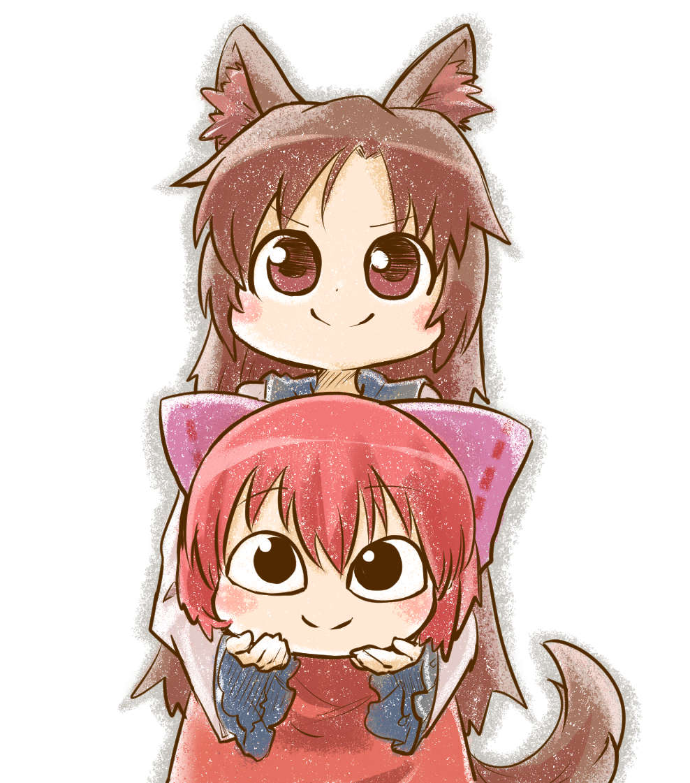 2girls animal_ears black_eyes blush_stickers bow brown_eyes brown_hair carrying chamaji chibi commentary_request disembodied_head hair_bow imaizumi_kagerou looking_at_viewer multiple_girls parody redhead sekibanki smile style_parody tail touhou wolf_ears wolf_tail younger