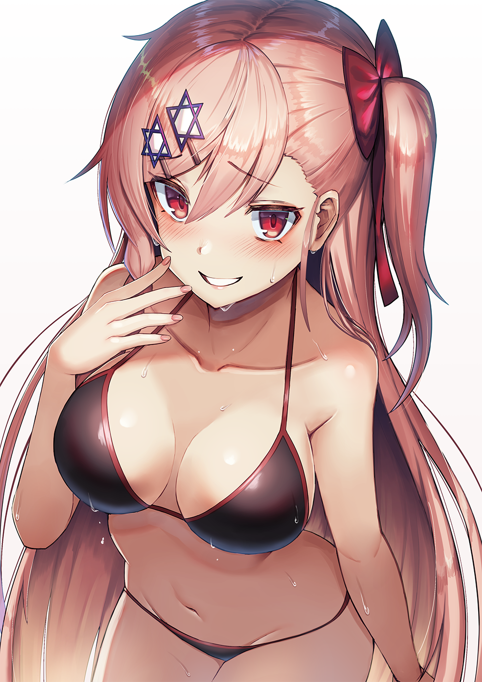 1girl bangs bare_shoulders bikini black_bikini blush bow braid breasts collarbone commentary dakunesu eyebrows_visible_through_hair girls_frontline grin groin hair_between_eyes hair_bow hair_ornament hair_ribbon hairclip hand_up hexagram highres leaning_forward long_hair looking_at_viewer navel negev_(girls_frontline) one_side_up pink_hair pink_lips red_bow red_eyes ribbon simple_background smile solo star_of_david stomach swimsuit wet