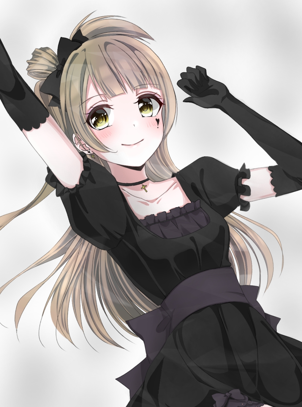 1girl bangs black_bow black_dress black_gloves blunt_bangs bow brown_hair choker closed_mouth collarbone do_while02 dress earrings eyebrows_visible_through_hair gloves gothic_lolita green_eyes grey_background hair_bow highres jewelry lolita_fashion long_hair looking_at_viewer love_live! love_live!_school_idol_project lying minami_kotori on_back short_dress short_sleeves smile solo tied_hair