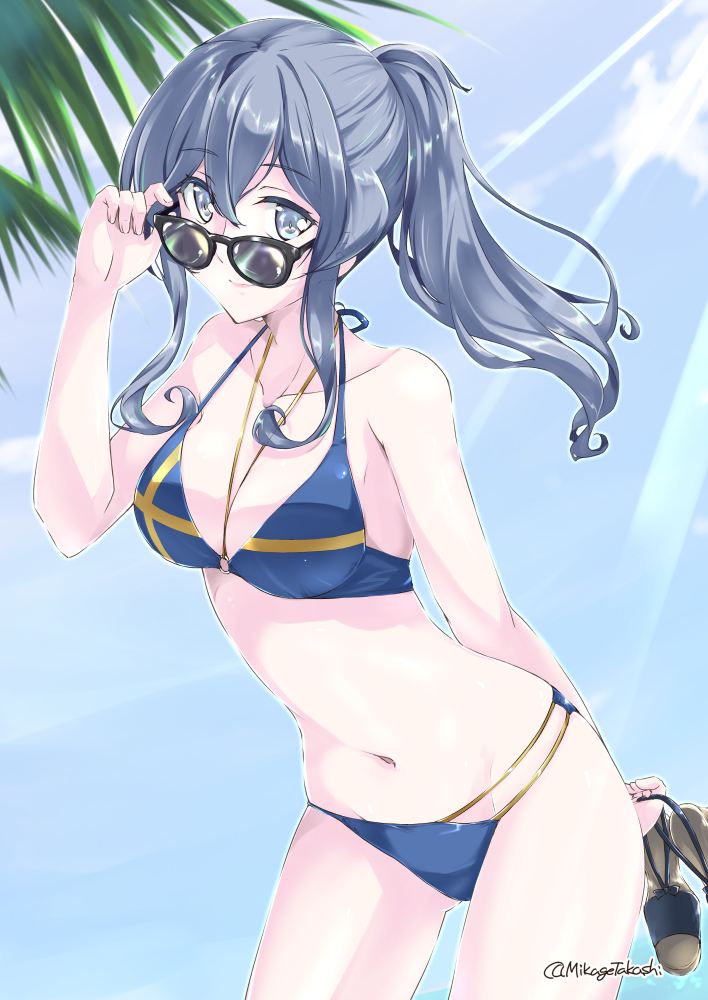 1girl alternate_costume alternate_hairstyle bikini blue_bikini blue_hair blue_sky breasts clouds collarbone cowboy_shot day gotland_(kantai_collection) jewelry kantai_collection leaning_forward light_rays long_hair looking_at_viewer looking_over_eyewear medium_breasts mikage_takashi mole mole_under_eye necklace outdoors palm_tree shoes_removed sky solo standing sunbeam sunglasses sunlight swimsuit tree twitter_username