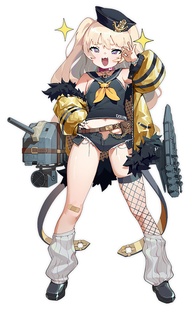 1girl :3 :d anchor azur_lane bache_(azur_lane) bandaid bandaid_on_knee belt belt_pouch black_footwear black_headwear black_sailor_collar black_shirt black_shorts blonde_hair bracelet brown_belt fishnet_legwear fishnets fur-trimmed_jacket fur_trim gun hand_on_hip hand_up jacket jewelry leg_warmers long_hair midriff money_gesture multicolored multicolored_eyes navel neckerchief official_art open_mouth pink_collar pouch sailor_collar shirt shoes short_shorts shorts single_thighhigh sleeveless sleeveless_shirt smile solo sparkle tachi-e thigh-highs torpedo_tubes two_side_up weapon yellow_jacket yellow_neckwear