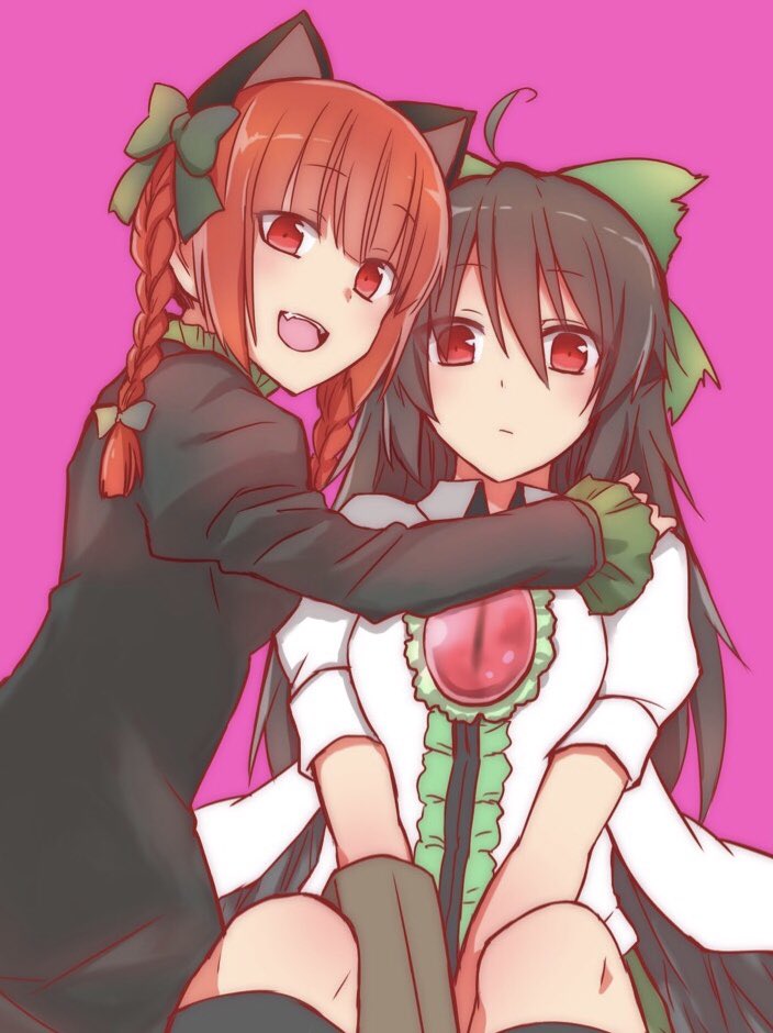2girls :d ahoge animal_ears arm_cannon bangs black_bow black_dress black_hair black_wings blush bow braid breasts cape cat_ears center_frills commentary_request dress eyebrows_visible_through_hair feathered_wings frilled_sleeves frills green_bow hagiri_(ohagiri_joe) hair_between_eyes hair_bow juliet_sleeves kaenbyou_rin long_hair long_sleeves looking_at_viewer multiple_girls open_mouth pink_background puffy_sleeves red_eyes redhead reiuji_utsuho shirt simple_background sitting small_breasts smile touhou twin_braids twintails v_arms weapon white_cape white_shirt wing_collar wings