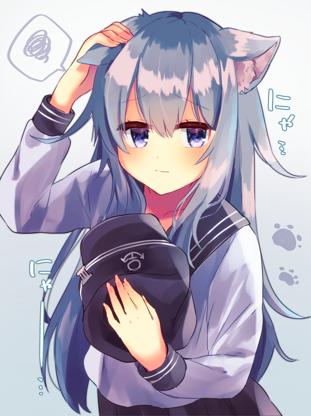 1girl anchor_symbol animal_ear_fluff animal_ears bangs beniko_(ymdbnk) black_headwear black_sailor_collar black_skirt blue_eyes blue_hair blush closed_mouth commentary_request eyebrows_visible_through_hair fingernails flat_cap gradient gradient_background grey_background hair_between_eyes hand_on_ear hand_up hat hat_removed headwear_removed hibiki_(kantai_collection) highres holding holding_hat kantai_collection kemonomimi_mode long_hair long_sleeves looking_at_viewer pleated_skirt sailor_collar school_uniform serafuku shirt skirt solo spoken_squiggle squiggle translated upper_body very_long_hair white_shirt