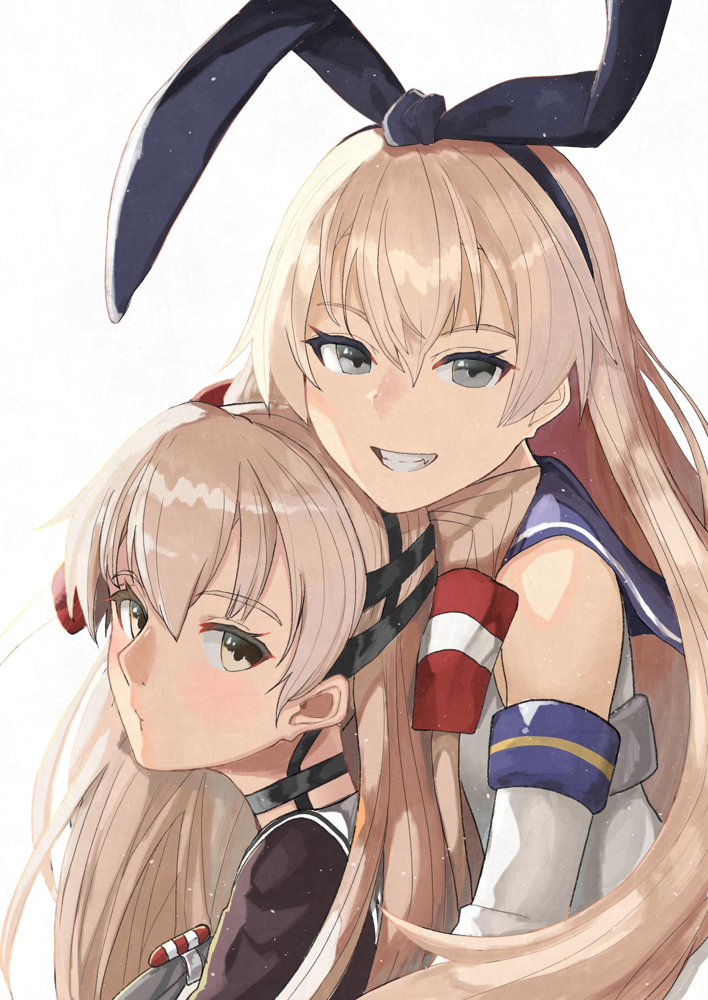 2girls amatsukaze_(kantai_collection) blonde_hair blue_sailor_collar brown_dress brown_eyes commentary_request crop_top dress elbow_gloves gloves grey_eyes grin hair_tubes hairband highres hina_komochi kantai_collection long_hair looking_at_viewer multiple_girls sailor_collar sailor_dress shimakaze_(kantai_collection) short_dress silver_hair simple_background smile two_side_up upper_body white_background white_gloves windsock