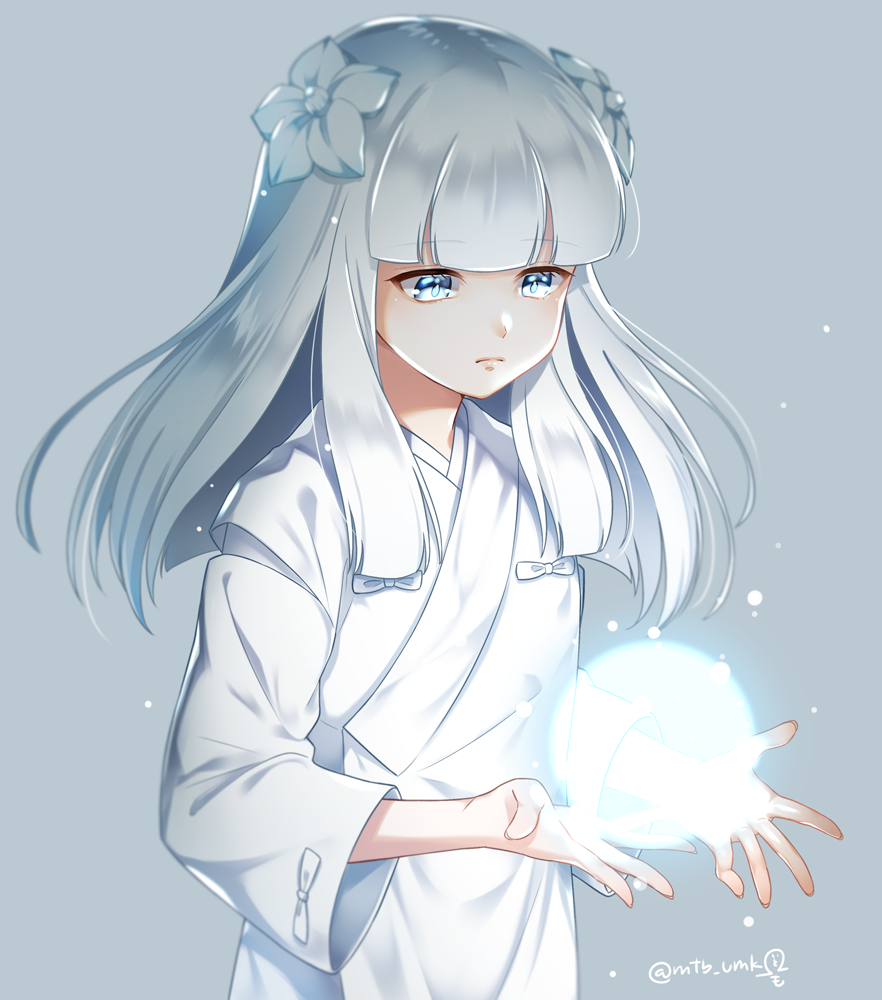 1girl bangs blue_eyes blunt_bangs bow character_request closed_mouth eyebrows_visible_through_hair floating_hair flower grey_background hair_flower hair_ornament inuyasha japanese_clothes kimono long_hair looking_down motobi_(mtb_umk) outstretched_hand silver_hair solo twitter_username white_bow white_flower white_kimono