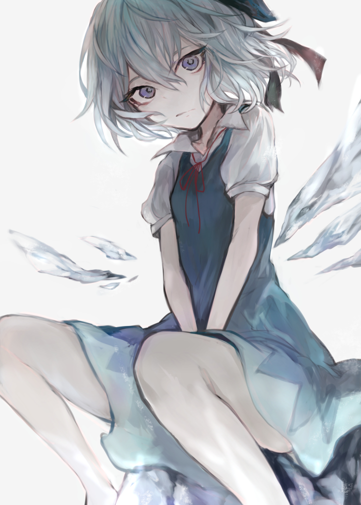 1girl bangs between_legs blue_dress blue_eyes blue_hair cirno collared_shirt commentary_request dress eyebrows_visible_through_hair feet_out_of_frame grey_background hair_between_eyes hair_ribbon hand_between_legs hasunokaeru ice ice_wings looking_at_viewer neck_ribbon puffy_short_sleeves puffy_sleeves red_ribbon ribbon shirt short_sleeves sitting sleeveless sleeveless_dress solo spread_legs touhou white_shirt wings