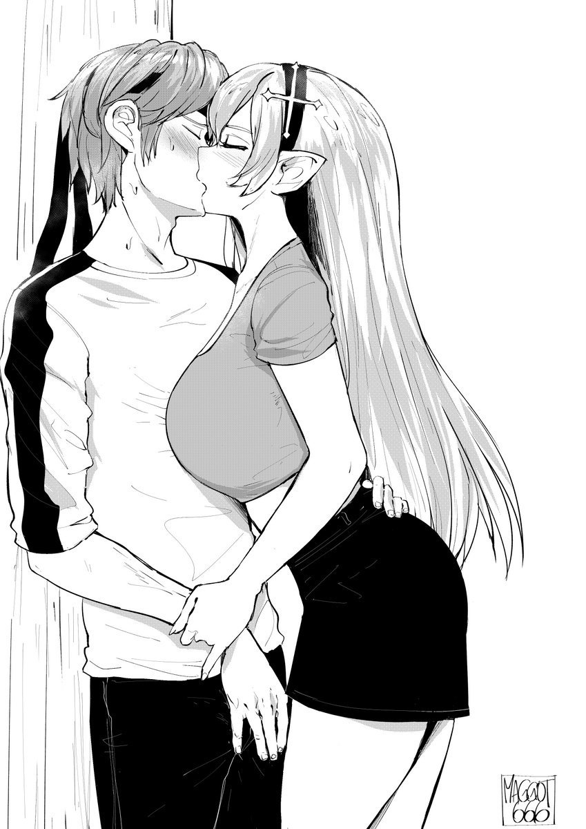 1boy 1girl artist_name blush breast_press breasts character_request closed_eyes commission copyright_request couple greyscale hair_ornament hand_on_another's_hip headband highres kiss large_breasts long_hair monochrome norman_maggot pencil_skirt pointy_ears skirt sweat wrist_grab