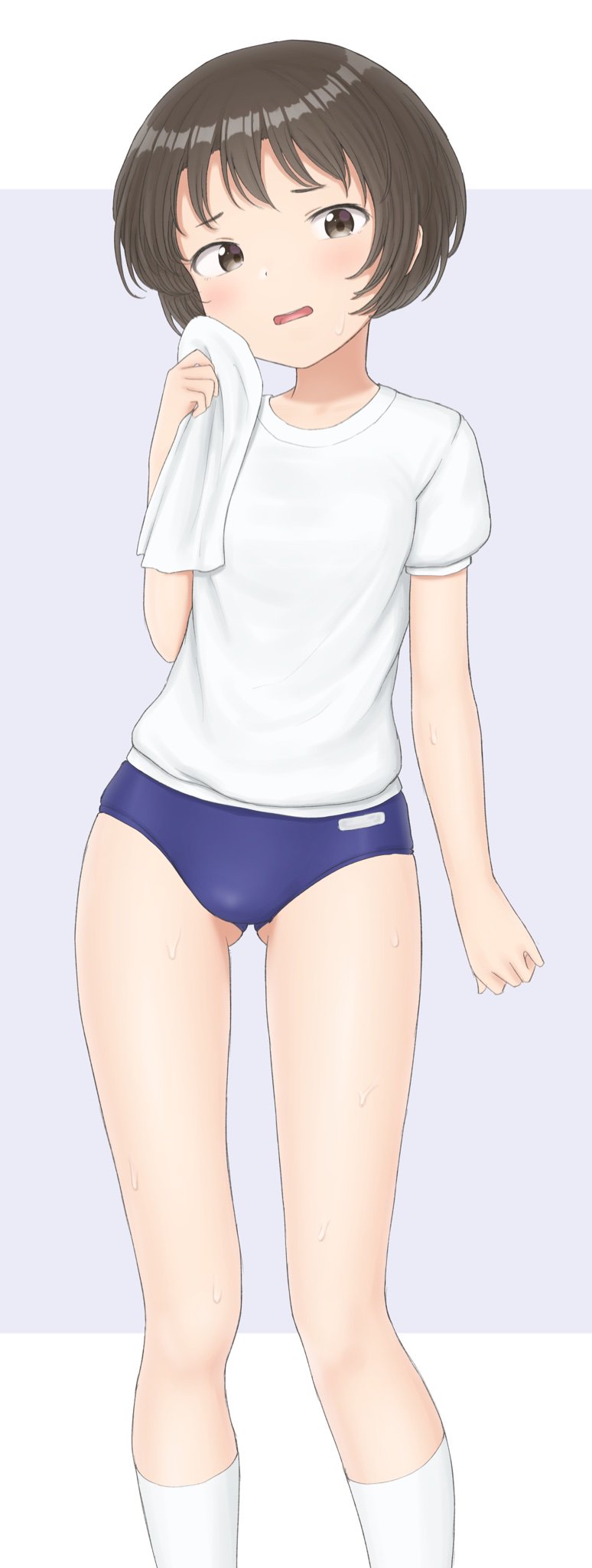 1girl ass_visible_through_thighs blue_buruma brown_eyes brown_hair buruma feet_out_of_frame flat_chest grey_background gym_uniform highres kneehighs looking_at_viewer nyarukac open_mouth original shirt short_hair solo standing towel two-tone_background white_background white_shirt white_towel