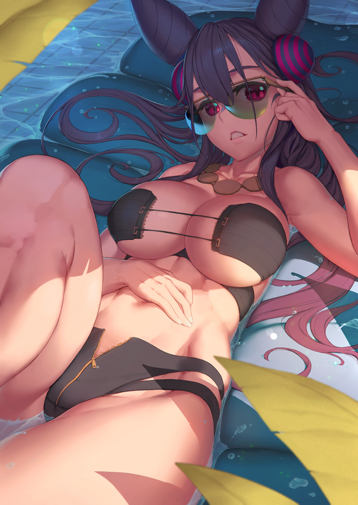 1girl bangs bikini black_bikini black_hair breasts commentary_request double_bun dress fate/grand_order fate_(series) hair_between_eyes hair_ornament knee_up large_breasts leaf long_hair looking_at_viewer lying multicolored_hair murasaki_shikibu_(fate) on_back open_fly parted_lips redhead rotix solo sunglasses swimsuit tiles two-tone_hair very_long_hair violet_eyes zipper