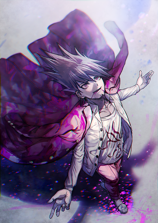 1boy aoki_(fumomo) blazer blood blood_splatter collarbone collared_shirt dangan_ronpa dress_shirt from_above full_body jacket jacket_on_shoulders long_hair looking_up male_focus momota_kaito new_dangan_ronpa_v3 open_blazer open_clothes open_jacket open_shirt outstretched_arms pants pink_pants print_shirt purple_hair purple_jacket shirt slippers solo spiky_hair standing violet_eyes white_shirt wing_collar