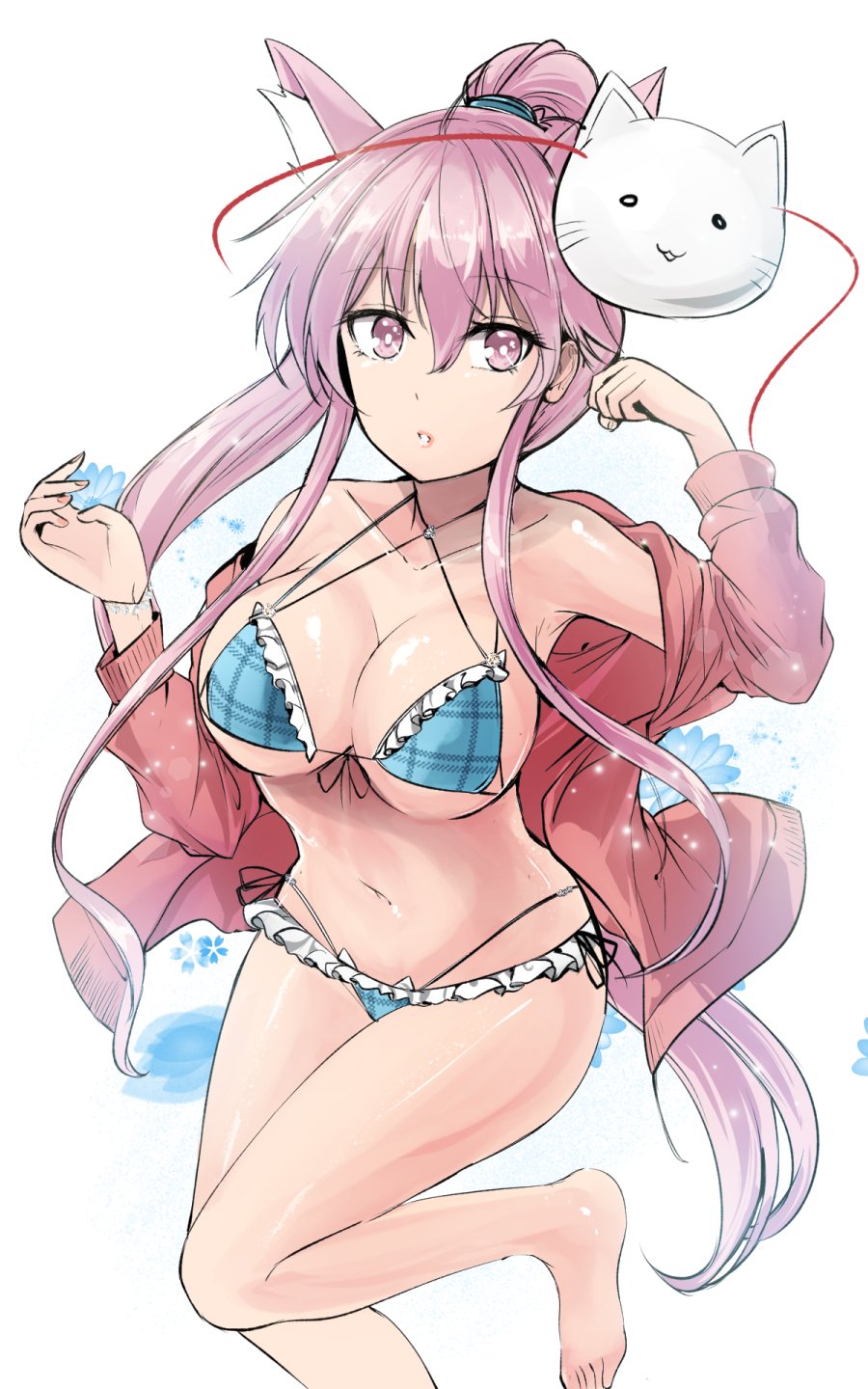 1girl alternate_hairstyle animal_ear_fluff animal_ears bangs bare_legs barefoot bikini blue_bikini breasts cat_ears cat_mask collarbone commentary_request criss-cross_halter eyebrows_visible_through_hair feet_out_of_frame hair_between_eyes halterneck hands_up hata_no_kokoro highleg highleg_bikini highres jacket kemonomimi_mode large_breasts long_hair long_sleeves looking_at_viewer mask mask_on_head nail_polish navel open_clothes open_jacket parted_lips pink_eyes pink_hair pink_jacket pink_nails plaid plaid_bikini ponytail shiny shiny_skin sidelocks simple_background solo stomach swimsuit thighs touhou very_long_hair white_background y2