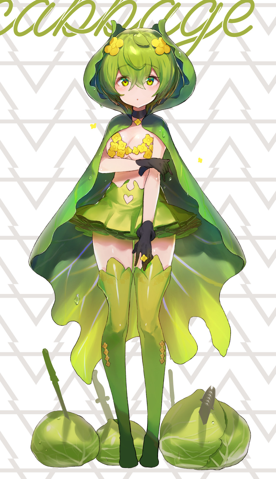 1girl :o bangs black_choker black_gloves blush boots breasts cabbage cape choker collarbone commentary_request eyebrows_visible_through_hair flower food_themed_clothes full_body gloves green_cape green_eyes green_footwear green_hair green_legwear green_skirt hair_between_eyes hair_flower hair_ornament hayama_eishi highres knife looking_at_viewer medium_breasts original parted_lips personification pleated_skirt short_hair skirt solo standing thigh-highs thigh_boots yellow_flower