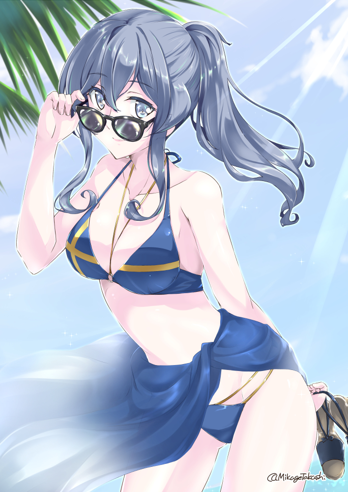 1girl alternate_costume alternate_hairstyle bikini blue_bikini blue_hair blue_sarong blue_sky breasts clouds collarbone commentary_request cowboy_shot day gotland_(kantai_collection) jewelry kantai_collection leaning_forward light_rays long_hair looking_at_viewer looking_over_eyewear medium_breasts mikage_takashi mole mole_under_eye necklace outdoors palm_tree sarong shoes_removed sky solo standing sunbeam sunglasses sunlight swimsuit tree twitter_username