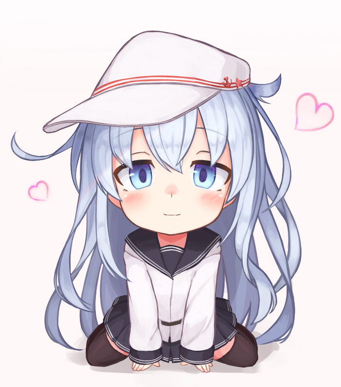 1girl arm_support bangs black_legwear blue_eyes blush chibi closed_mouth commentary_request eyebrows_visible_through_hair flat_cap hair_between_eyes hammer_and_sickle hat heart hibiki_(kantai_collection) kantai_collection long_hair looking_at_viewer pleated_skirt reitou_mikan remodel_(kantai_collection) sailor_collar school_uniform serafuku silver_hair simple_background sitting skirt smile solo star verniy_(kantai_collection) white_background white_headwear