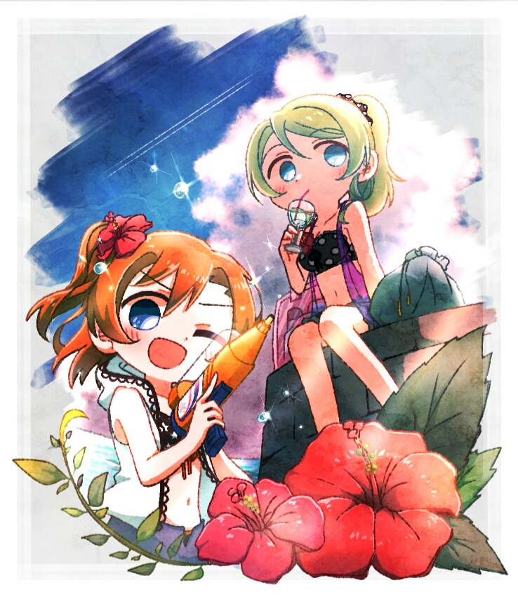 2girls ayase_eli bag bangs bikini blonde_hair blue_eyes blue_sky brown_hair cfcult7825 clouds day drinking flower hair_flower hair_ornament hibiscus hood hoodie kousaka_honoka leaf love_live! love_live!_school_idol_project multiple_girls one_eye_closed open_mouth ponytail scrunchie side_ponytail sky sleeveless sleeveless_hoodie smile swimsuit water_drop water_gun