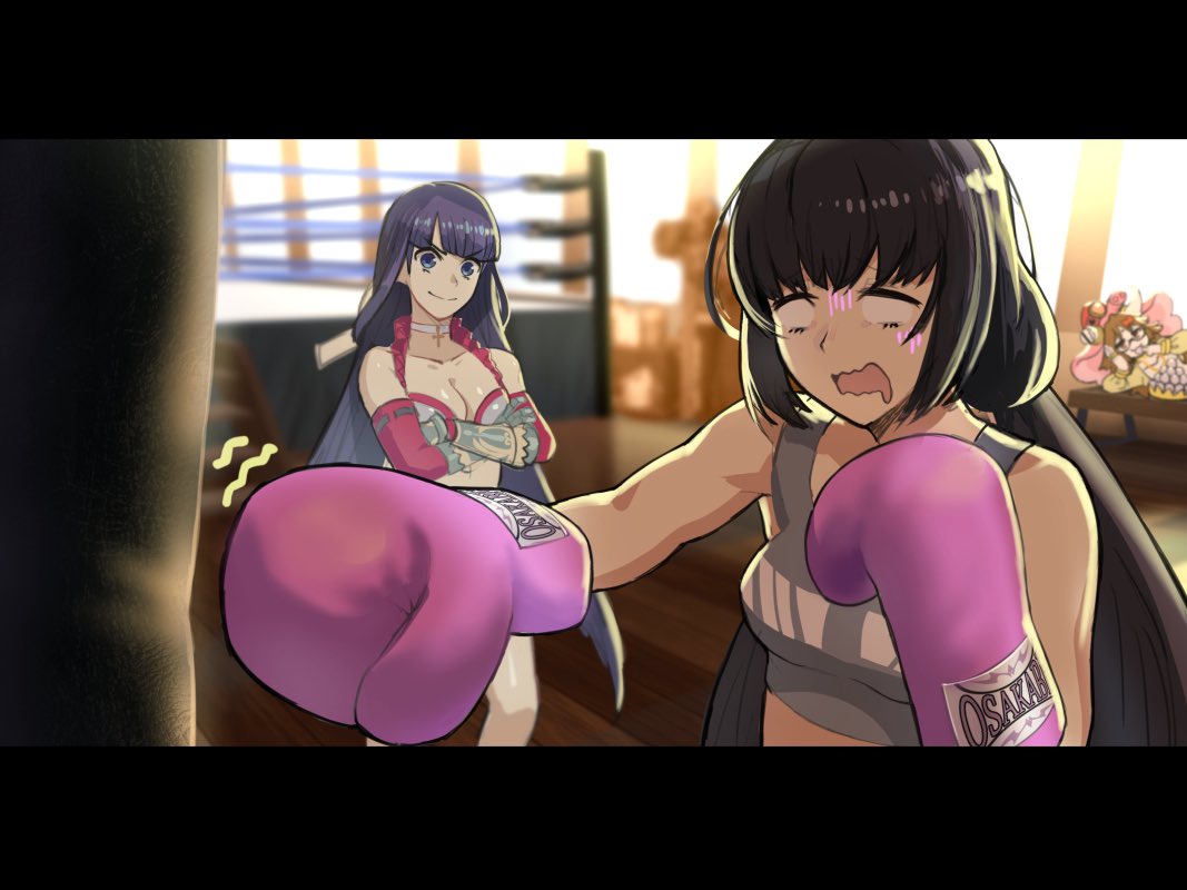 3girls beppu_mitsunaka black_hair boxing_gloves boxing_ring brown_hair crossed_arms eating fate/grand_order fate_(series) ganesha_(fate) jinako_carigiri letterboxed long_hair low_twintails multiple_girls osakabe-hime_(fate/grand_order) punching_bag purple_hair saint_martha saint_martha_(swimsuit_ruler)_(fate) tank_top training twintails wavy_mouth