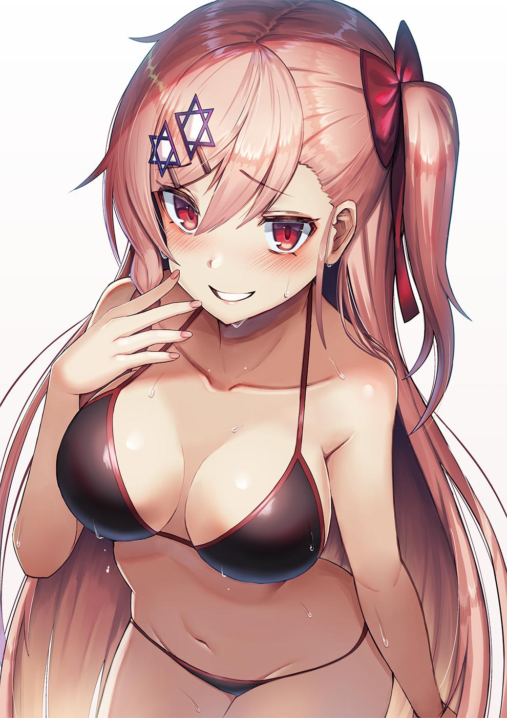 1girl bangs bare_shoulders bikini black_bikini blush bow braid breasts collarbone dakunesu eyebrows_visible_through_hair girls_frontline grin groin hair_between_eyes hair_bow hair_ornament hair_ribbon hairclip hand_up hexagram highres leaning_forward long_hair looking_at_viewer navel negev_(girls_frontline) one_side_up pink_hair pink_lips red_bow red_eyes ribbon simple_background smile solo star_of_david stomach swimsuit wet