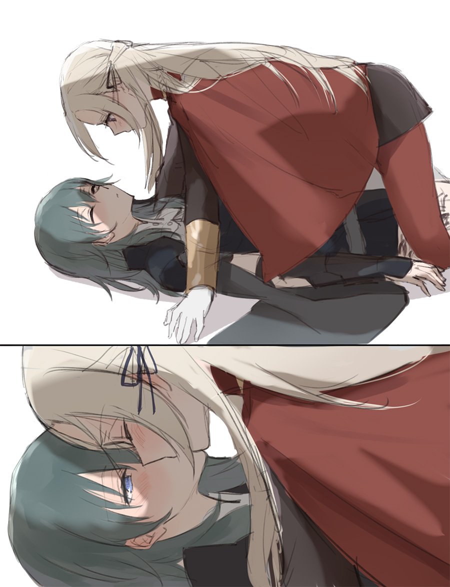 2girls blue_eyes blue_hair blush breasts byleth_(fire_emblem) byleth_eisner_(female) cape closed_eyes cravat earrings edelgard_von_hresvelg fire_emblem fire_emblem:_three_houses gloves green_hair hair_ornament hair_ribbon jewelry kisetsu long_hair multiple_girls pantyhose red_cape red_legwear ribbon short_hair simple_background sleeping uniform yuri