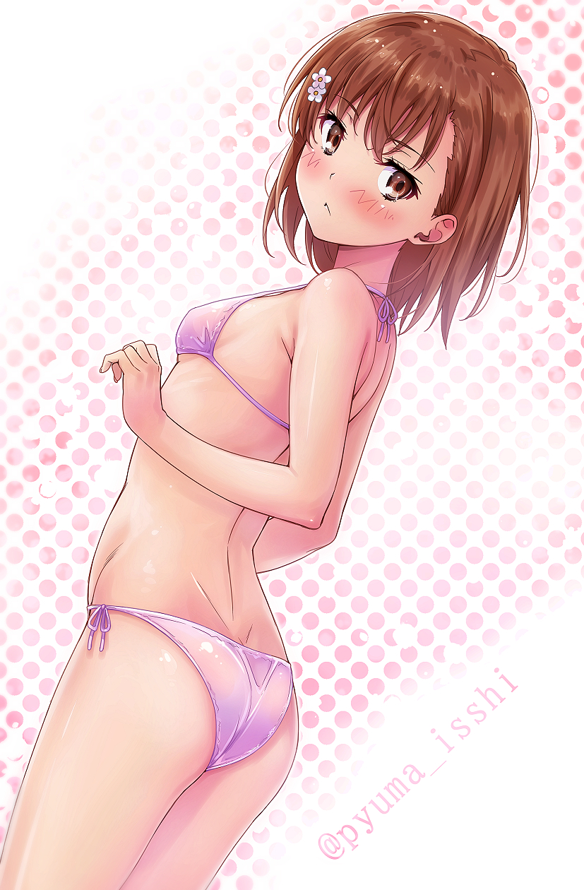 1girl ass bare_shoulders bikini blush breasts brown_eyes brown_hair cowboy_shot flower from_behind frown hair_flower hair_ornament highres looking_at_viewer looking_back medium_hair misaka_mikoto pink_bikini polka_dot polka_dot_background puma_(hyuma1219) small_breasts solo swimsuit to_aru_kagaku_no_railgun to_aru_majutsu_no_index