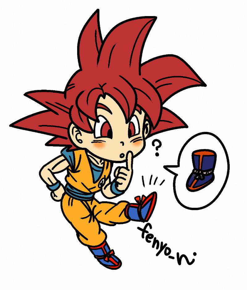 /\/\/\ 1boy ? artist_name blue_footwear blush blush_stickers boots chibi clenched_hand clothes_writing collarbone commentary_request curious dougi dragon_ball dragon_ball_super dragon_ball_z_kami_to_kami fenyon finger_to_cheek floating full_body hand_on_hip looking_down male_focus red_eyes redhead simple_background son_gokuu speech_bubble spiky_hair super_saiyan_god white_background wristband