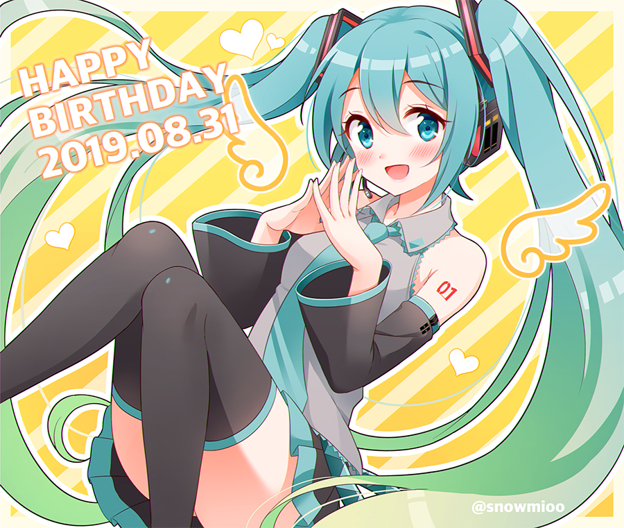 1girl :d aqua_eyes aqua_hair black_legwear black_skirt black_sleeves blush dated detached_sleeves eyebrows_visible_through_hair feet_out_of_frame hair_between_eyes happy_birthday hatsune_miku headset long_hair looking_at_viewer necktie number_tattoo open_mouth pleated_skirt sitting skirt smile snowmi solo steepled_fingers striped striped_background tattoo thigh-highs twintails twitter_username very_long_hair vocaloid yellow_background