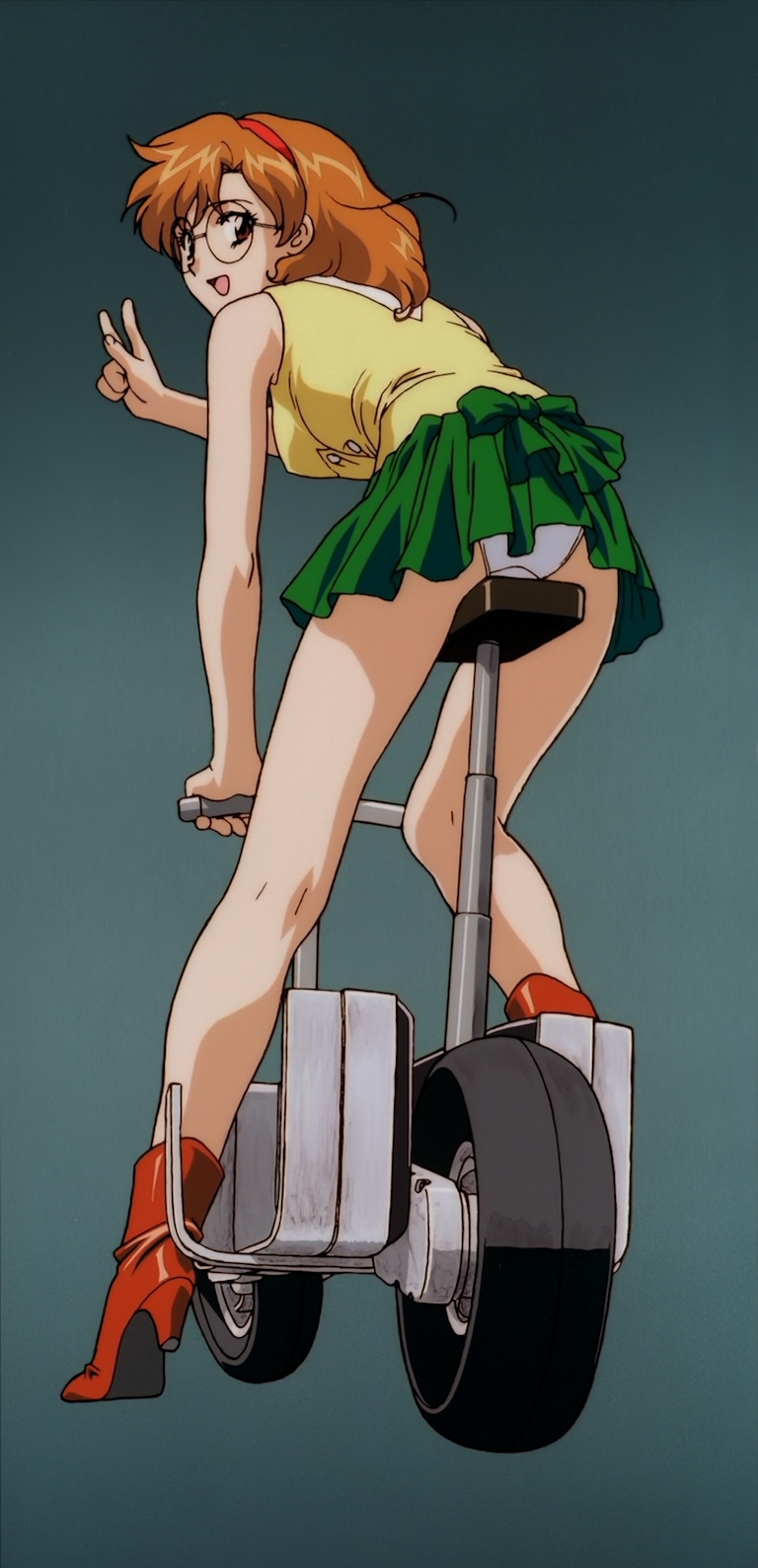 1girl 90s agent_aika aida_rion aika_(series) ass bangs bare_arms bare_legs bare_shoulders boots breasts brown_eyes brown_footwear brown_hair crotch_seam eyebrows_visible_through_hair full_body glasses green_skirt ground_vehicle hairband hand_up highres kneepits legs looking_at_viewer looking_back medium_breasts miniskirt motor_vehicle official_art open_mouth panties pantyshot red_hairband round_eyewear scooter screencap semi-rimless_eyewear short_hair simple_background skirt sleeveless solo stitched thighs third-party_edit underwear v vest white_panties yamauchi_noriyasu yellow_vest