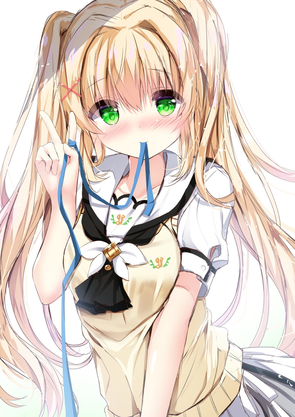 1girl bangs black_neckwear blonde_hair blue_ribbon blush breasts closed_mouth collarbone commentary_request eyebrows_visible_through_hair green_eyes grey_skirt hair_between_eyes hair_ornament hand_up highres kouda_suzu long_hair looking_at_viewer medium_breasts mouth_hold nose_blush pleated_skirt puffy_short_sleeves puffy_sleeves ribbon ribbon_in_mouth shirt short_sleeves sidelocks simple_background skirt smile solo summer_pockets sweater_vest tsumugi_wenders twintails v very_long_hair white_background white_shirt x_hair_ornament