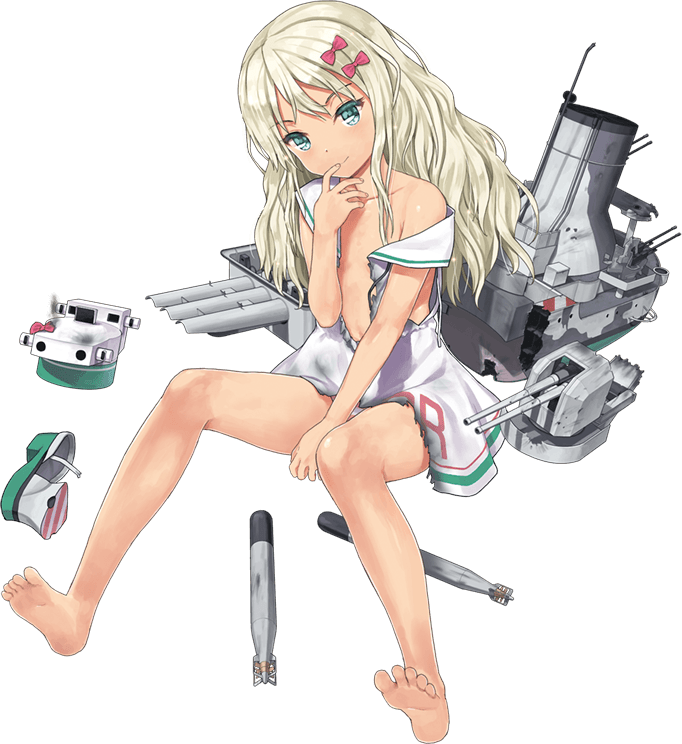 1girl antiaircraft_weapon barefoot blonde_hair dress eyebrows_visible_through_hair grecale_(kantai_collection) green_eyes hair_ornament hair_ribbon jiji kantai_collection long_hair looking_at_viewer machinery official_art ribbon sailor_dress sleeveless sleeveless_dress smile solo tan torn_clothes torpedo torpedo_launcher torpedo_tubes white_dress