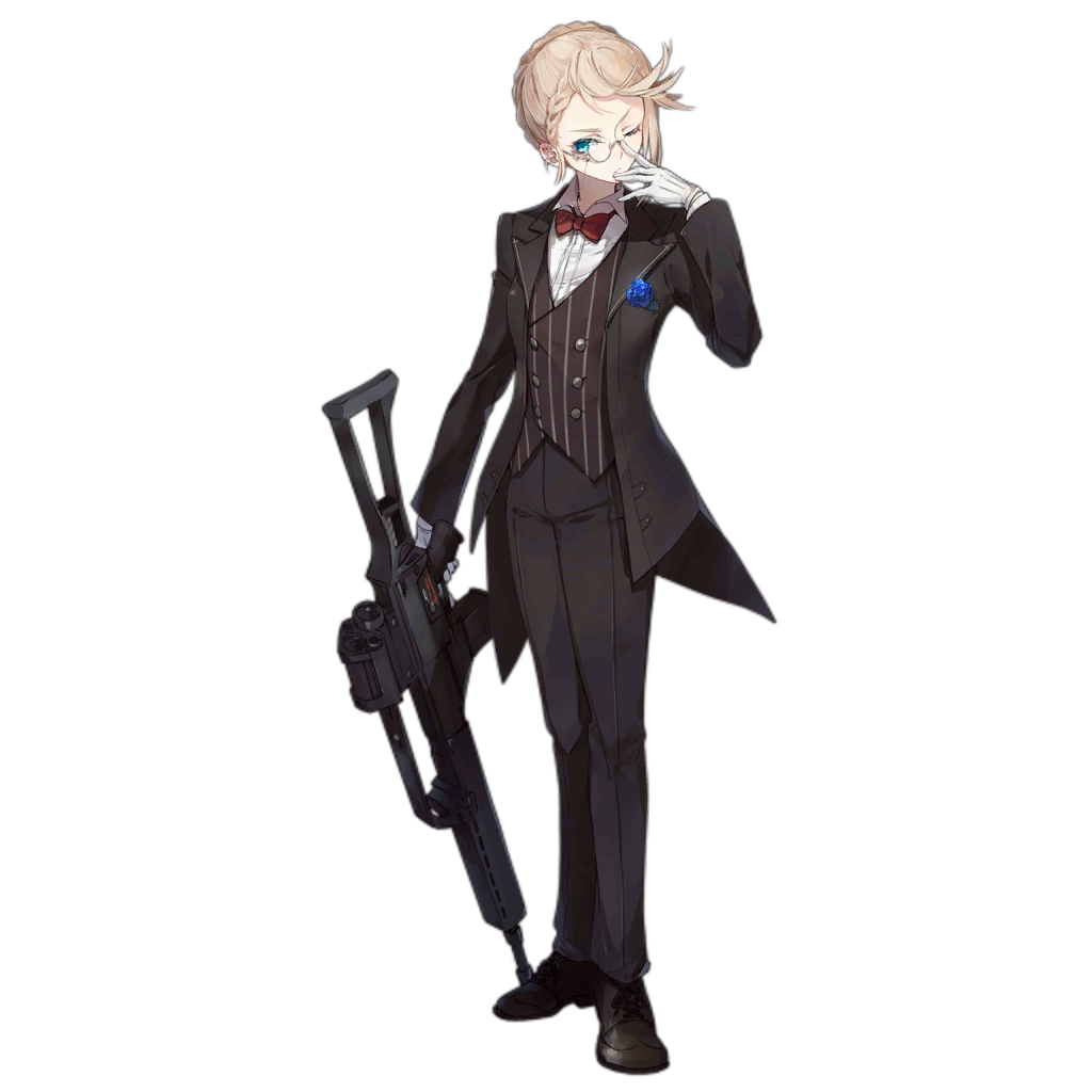 1girl adjusting_eyewear alternate_costume alternate_hairstyle assault_rifle black_footwear black_jacket black_pants blonde_hair blue_eyes blue_flower blue_rose bow bowtie braid butler character_name collared_shirt cover crossdressinging fake_cover flower formal french_braid full_body g36_(girls_frontline) german_text girls_frontline gloves green_eyes grey_background gun head_tilt holding holding_gun holding_weapon jacket legs_together long_sleeves looking_at_viewer monocle official_art one_eye_closed open_clothes open_jacket pants red_bow red_neckwear rifle rose shirt shoes short_hair shuzi solo standing striped suit transparent_background vertical_stripes weapon white_gloves white_shirt wing_collar