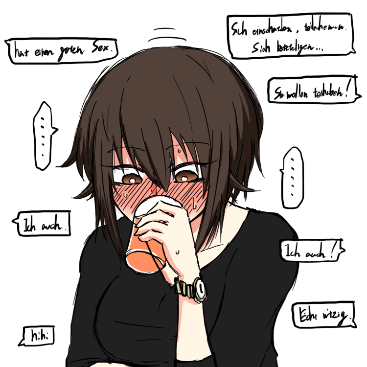 ... 1girl bangs black_shirt blush brown_eyes brown_hair casual cup drinking drinking_glass eyebrows_visible_through_hair full-face_blush german_text girls_und_panzer holding holding_cup looking_down motion_lines nishizumi_maho noumen older shirt short_hair short_sleeves simple_background solo spoken_ellipsis sweat sweatdrop translation_request upper_body watch watch white_background