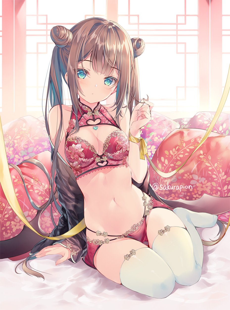 1girl aqua_eyes arm_support bangs bare_shoulders bra breasts brown_hair day highres long_hair looking_at_viewer medium_breasts miwabe_sakura navel off_shoulder original panties pelvic_curtain pillow pink_bra pink_panties playing_with_own_hair ribbon shrug_(clothing) sidelocks sitting skindentation solo stomach thigh-highs twitter_username underwear white_legwear yellow_ribbon yokozuwari