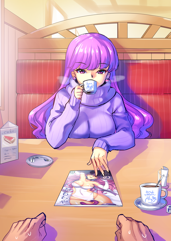 1boy 1girl bangs booth commentary_request couple drinking earrings hetero indoors jewelry kirakira_precure_a_la_mode kotozume_yukari long_hair long_sleeves looking_at_viewer manga_(object) menu minamoto pov_across_table precure purple_hair purple_sweater ribbed_sweater saucer sitting sleeves_past_wrists solo_focus steam sweatdrop sweater teaspoon turtleneck turtleneck_sweater violet_eyes